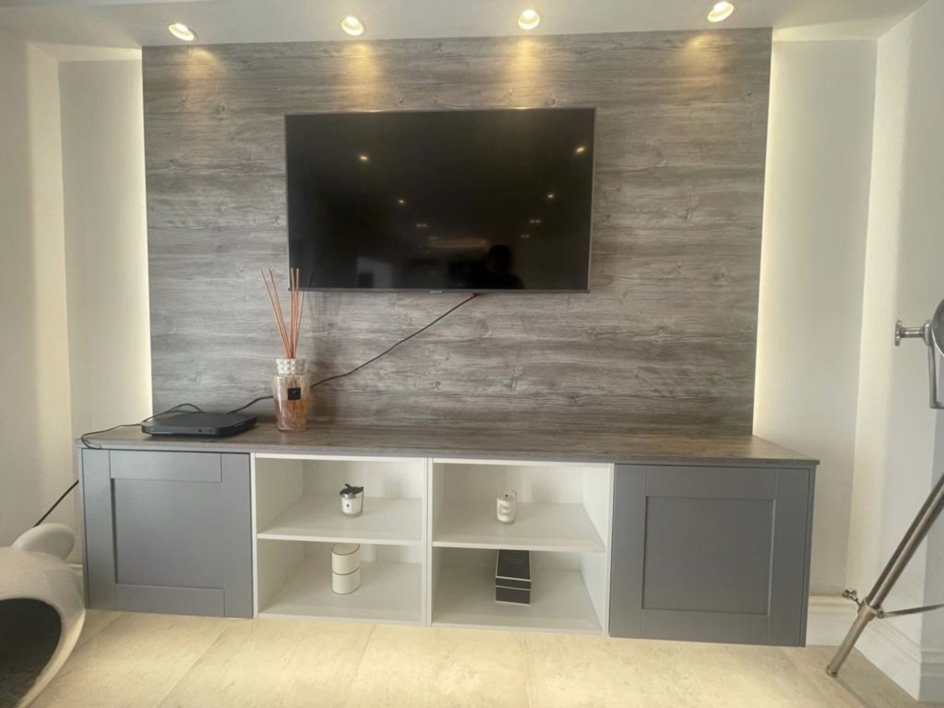 1 x Modern 2.4-Metre Wide TV Wall Unit with Storage in Limed Oak and Grey Finishes