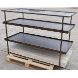 1 x 3-Tier Glass-Topped Shop Display with Wooden-style Shelving and Travertine Covered Base