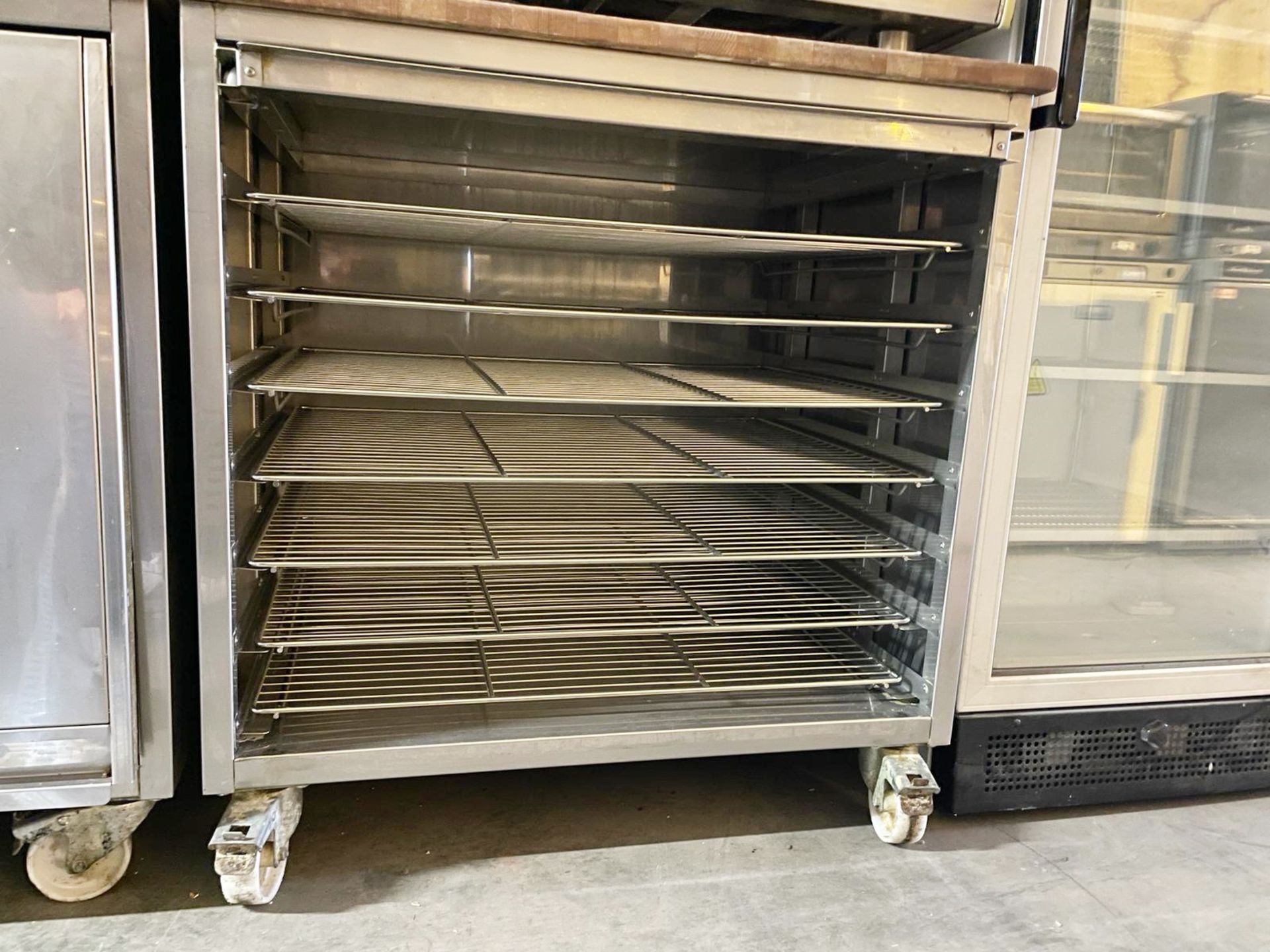 1 x Mobile Stainless Steel Prep Cabinet With Seven Removable Wire Shelves, Sliding Door & Wooden Top - Image 4 of 7