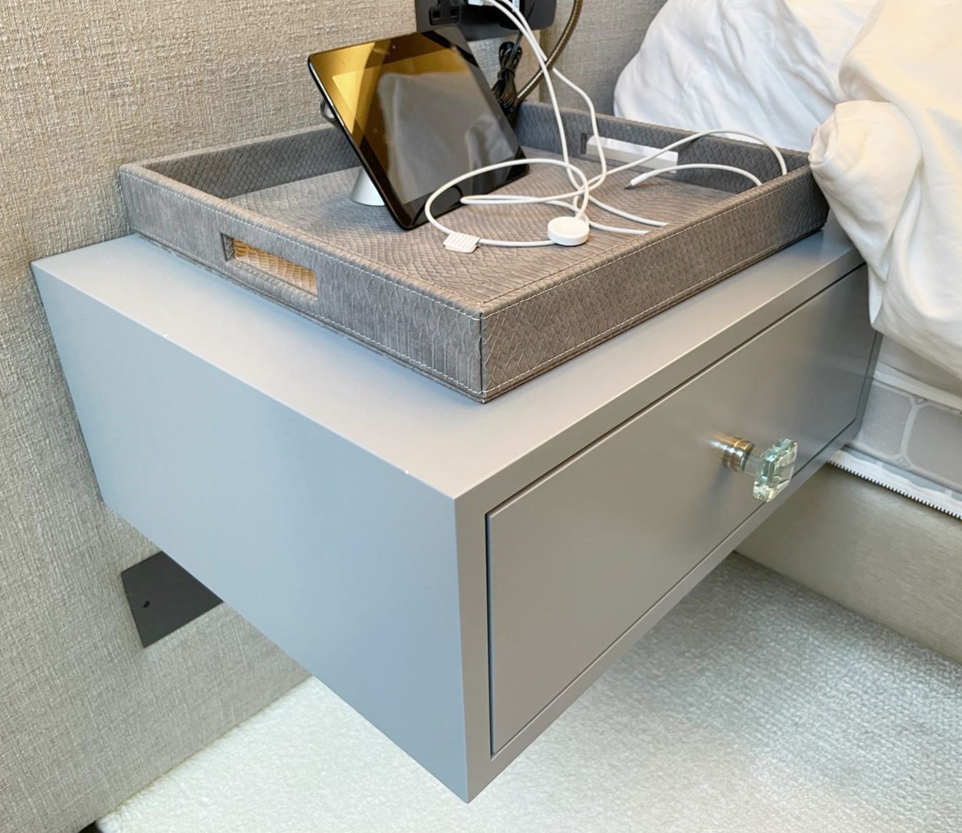 Pair of Stylish Wall Hung Bedside Drawers with a Grey Lacquer Finish and Glass Handles - Image 6 of 14