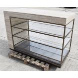1 x 3-Tier Travertine Covered, Glass-Lined Shop Display with Metal Shelving and Wood-effect Base