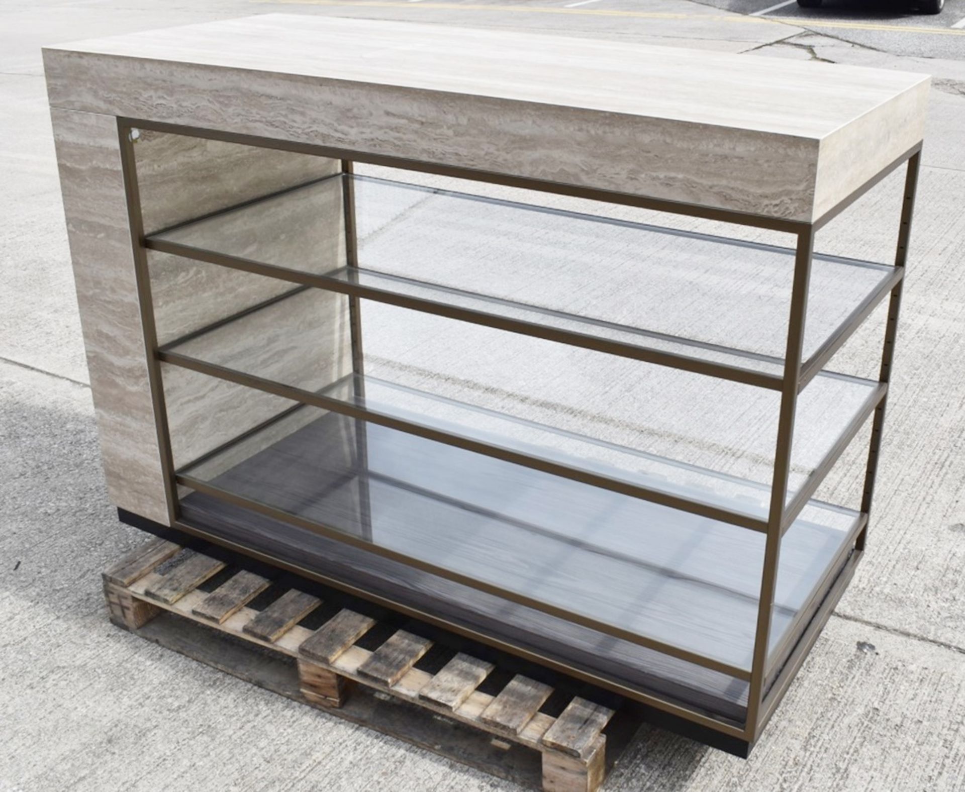 1 x 3-Tier Travertine Covered, Glass-Lined Shop Display with Metal Shelving and Wood-effect Base