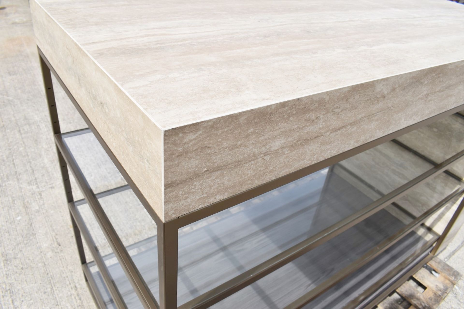 1 x 3-Tier Travertine Covered, Glass-Lined Shop Display with Metal Shelving and Wood-effect Base - Image 5 of 9