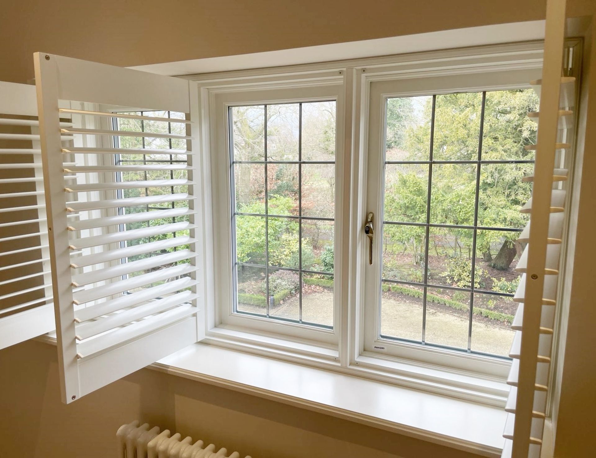 1 x Hardwood Timber Double Glazed Leaded 3-Pane Window Frame fitted with Shutter Blinds