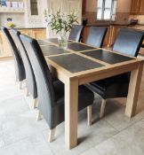 1 x Solid Wood 2-Metre Long Dining Table with 6 x Black Leather High-Back Dining Chairs