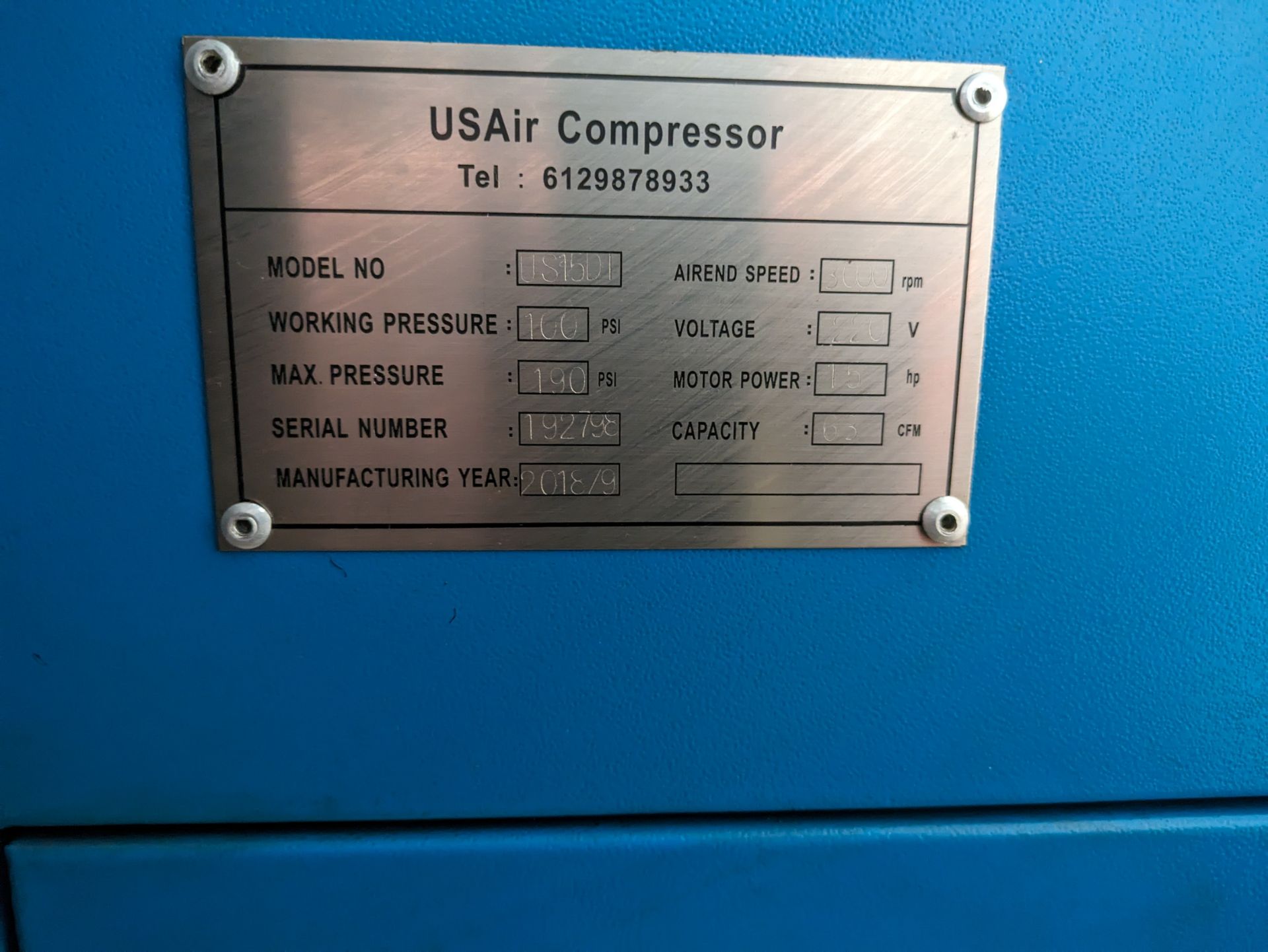 US Air US15DI 15-HP Rotary Screw Air Compressor (2018) - Image 2 of 3