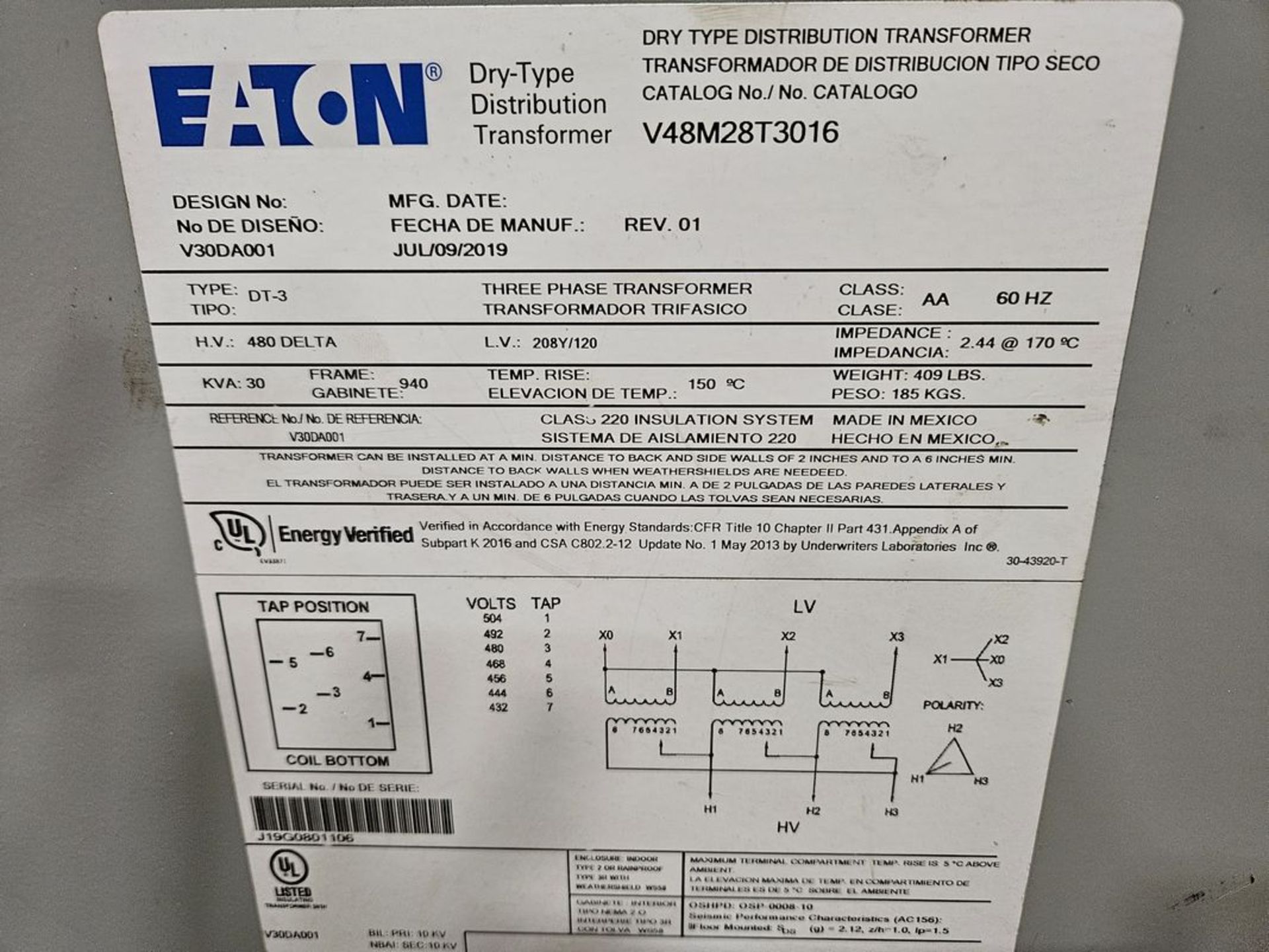 Eaton V48M28T3016 Dry Type Distribution Transformer - Image 2 of 3
