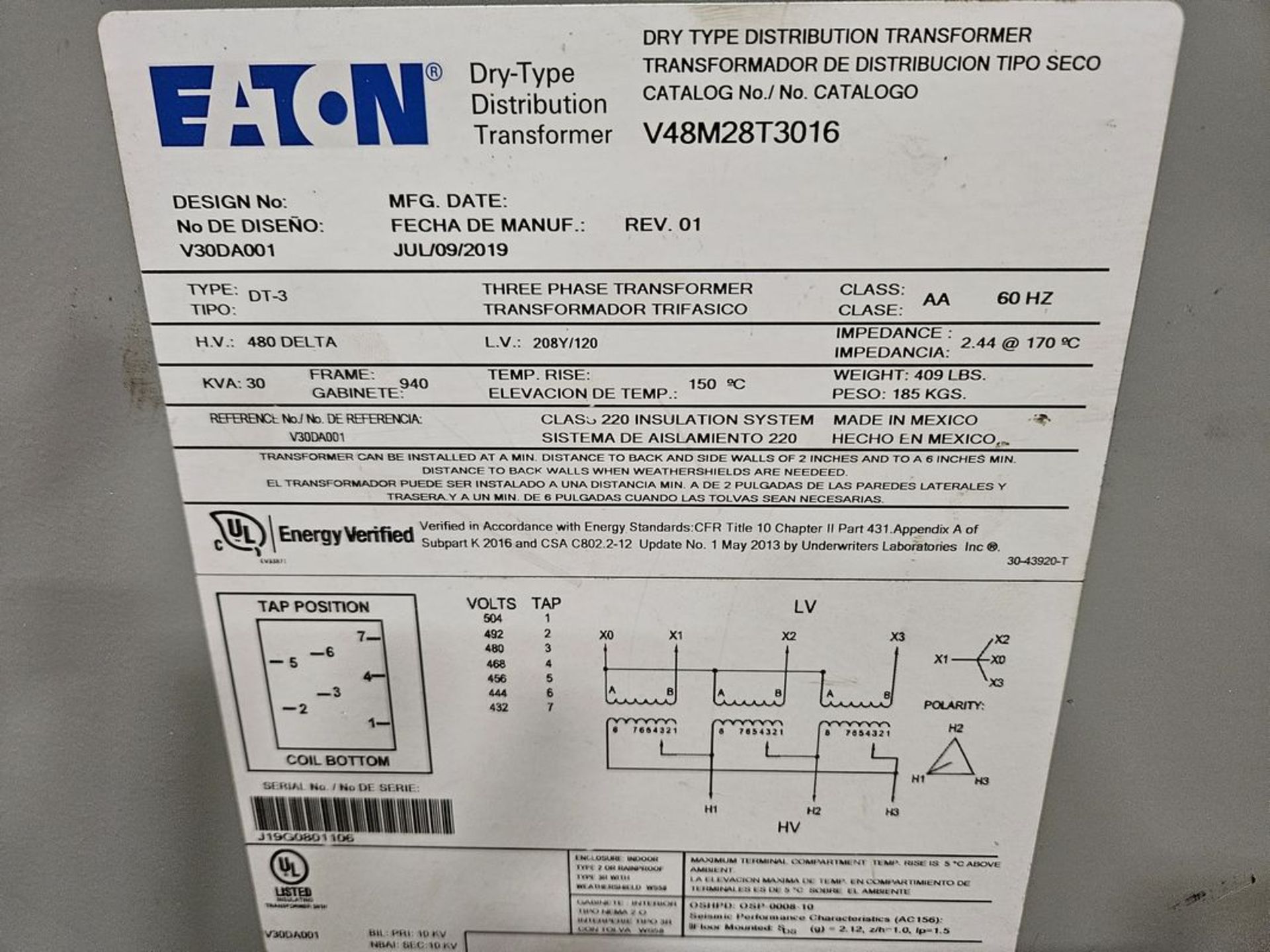 Eaton V48M28T3016 Dry Type Distribution Transformer - Bild 2 aus 3