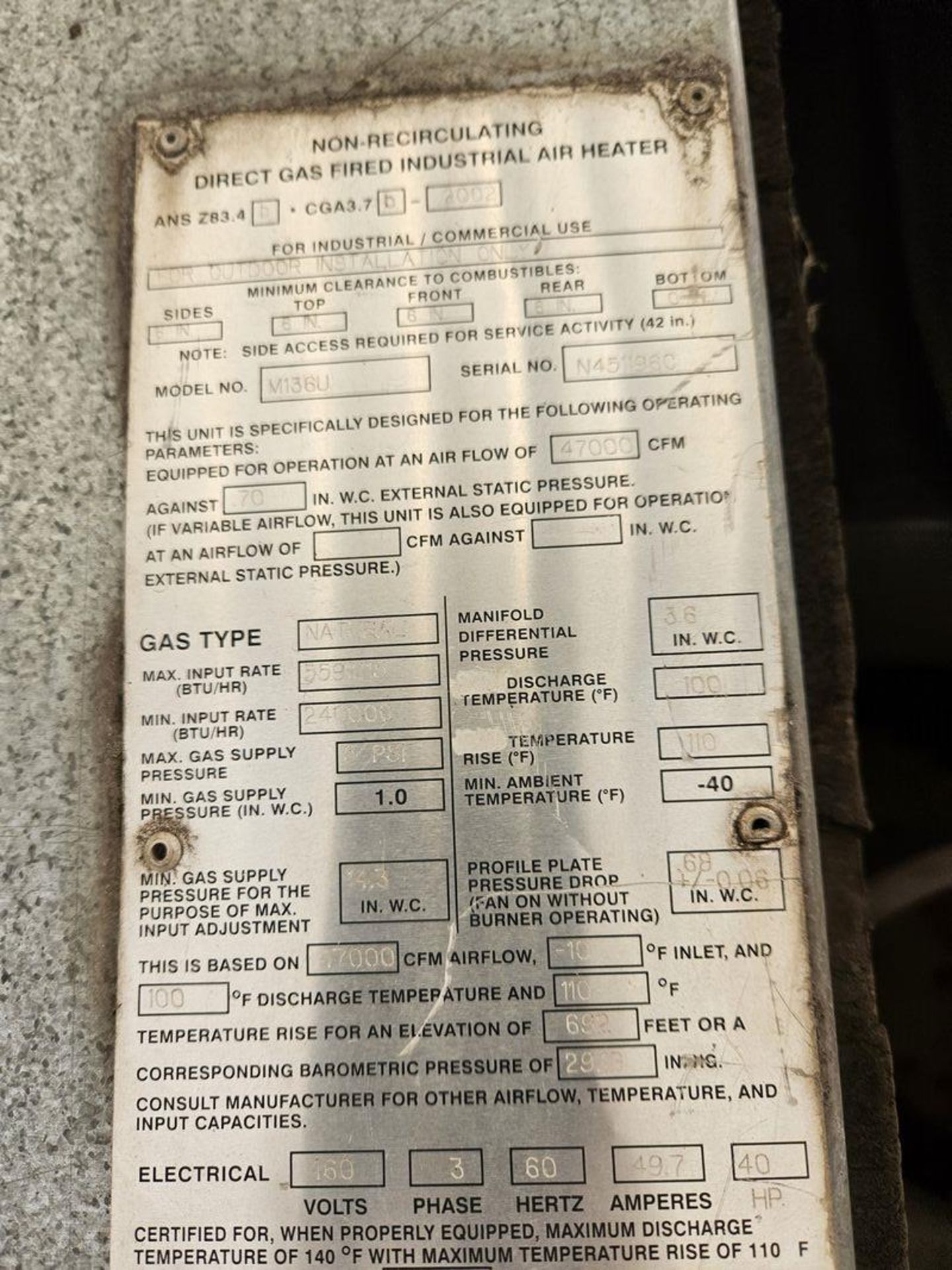 Cambridge Engineering M136U Non Recirculating Direct Gas Fired Industrial Air Heater - Image 2 of 2