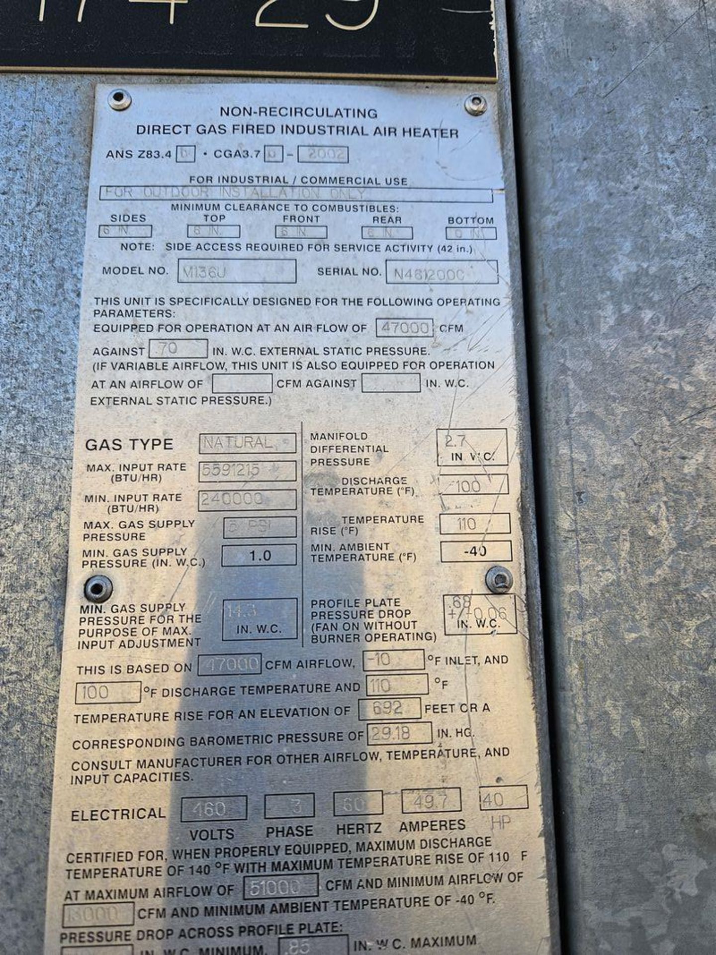 Cambridge Engineering M136U Non Recirculating Direct Gas Fired Industrial Air Heater - Image 2 of 2