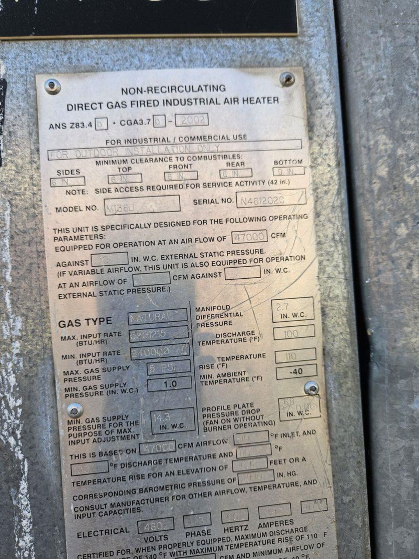 Cambridge Engineering M136U Non Recirculating Direct Gas Fired Industrial Air Heater - Image 2 of 2