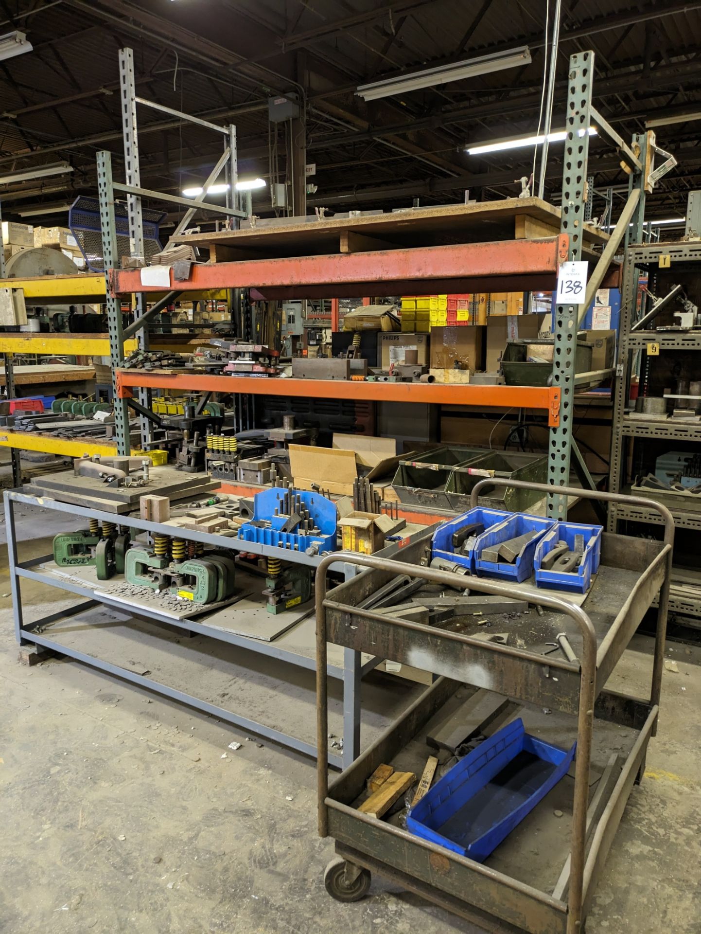 Section of 48" D x 96" W x 96" H Pallet Racking, with Dies, Spare Parts, Uni-Punch Tools, Hold Downs