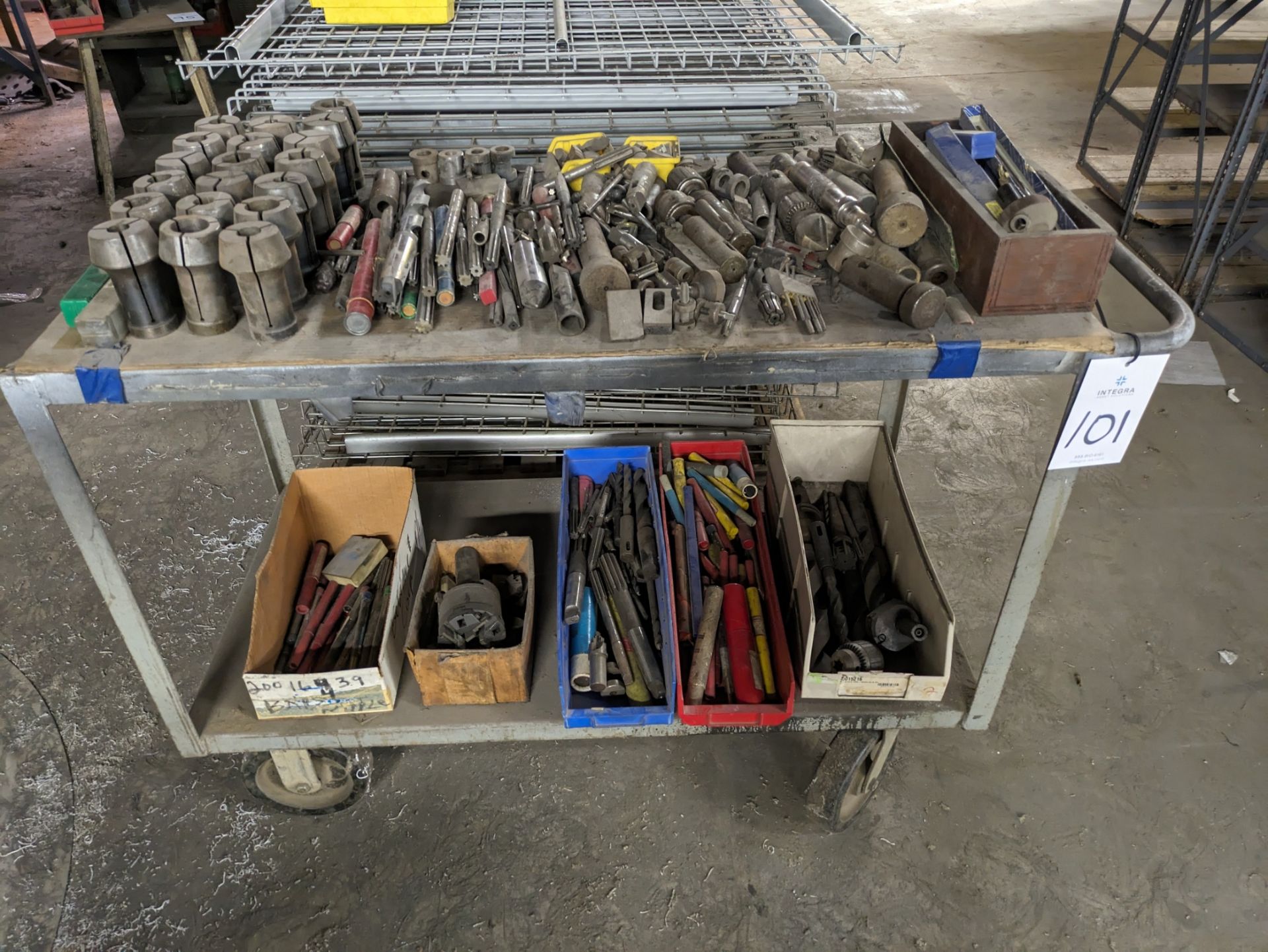 Cart of Assorted End Mills, Reamers, Drill Bits, Collets, Etc.