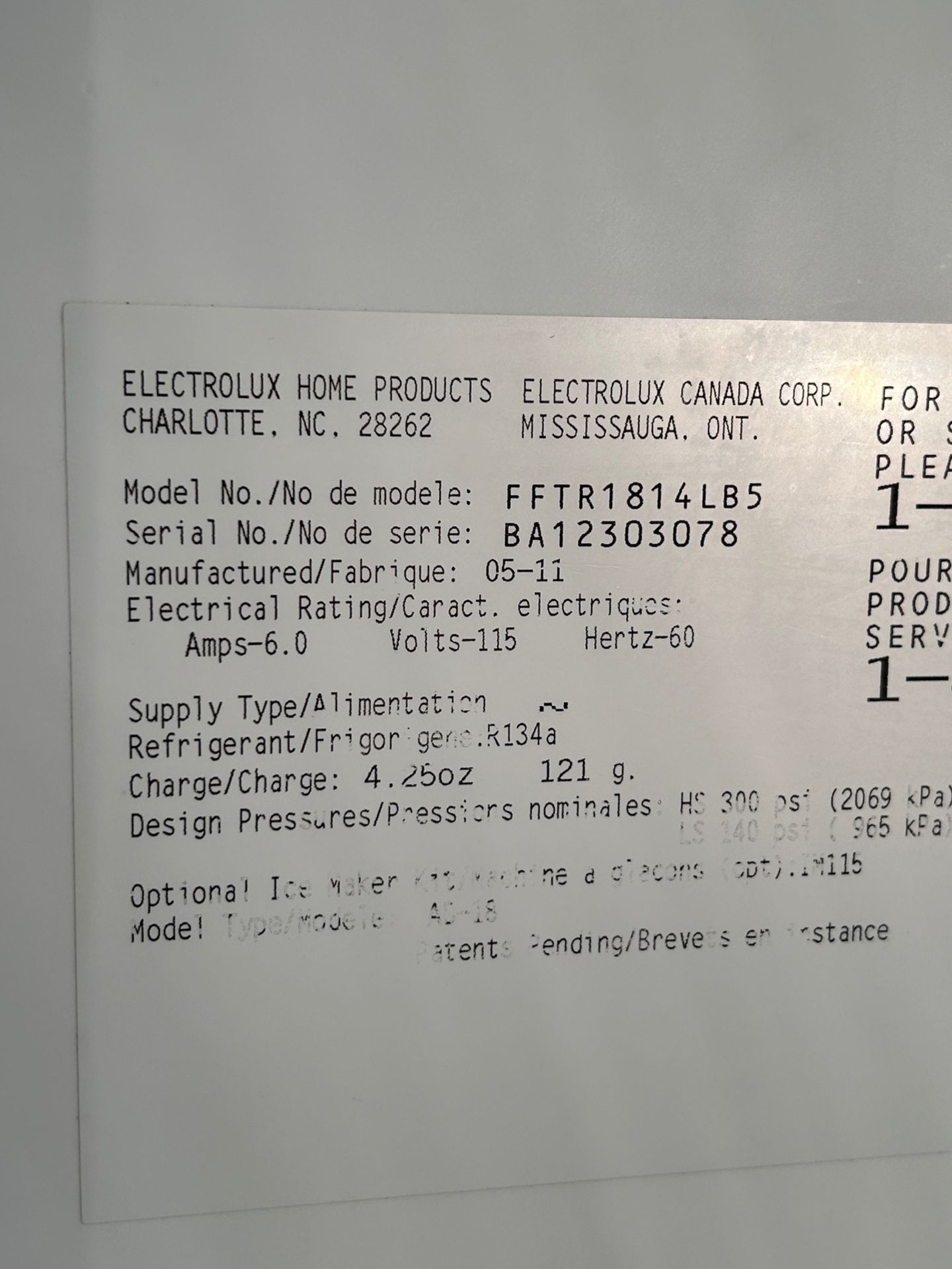 Frigidare Refrigerator Model FFTR1814LB5 - Image 2 of 2