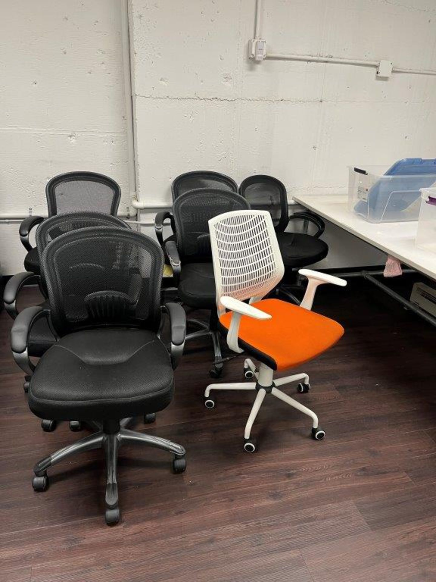 (2) Assorted Wood Top Tables with Galvanized Tubing Base 145" x 65" and (8) Office Chairs - Image 2 of 2