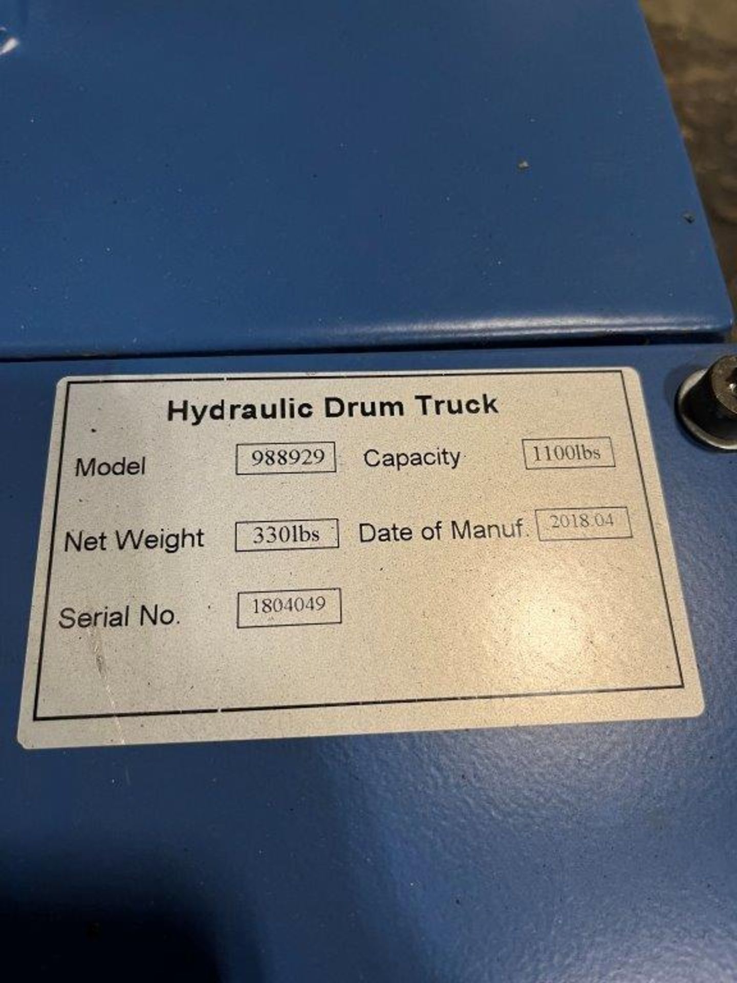 Global 988929 1,100-Lb Capacity Hydraulic Drum Truck - Image 3 of 3