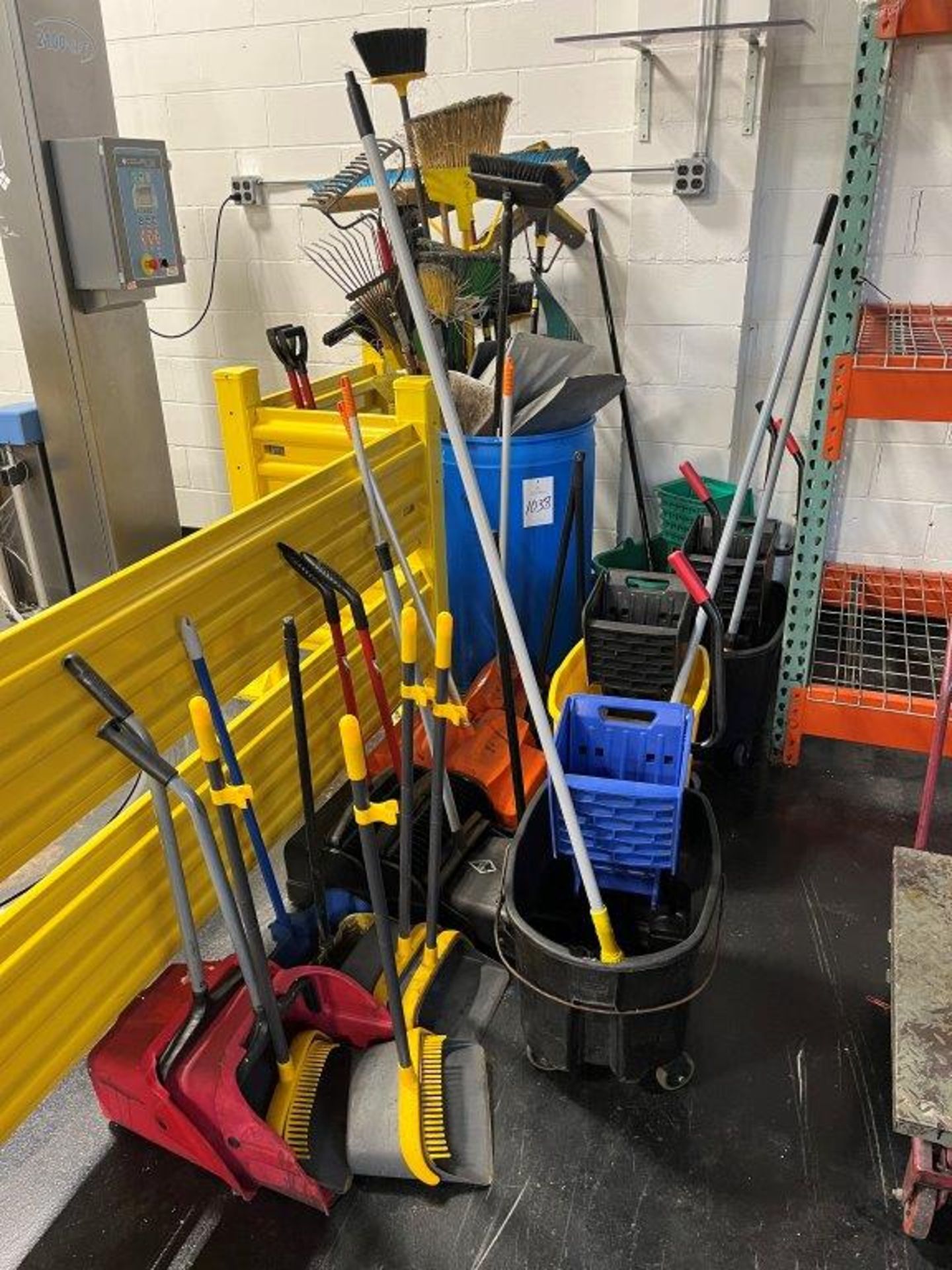 Lot of Assorted Shovels, Brooms, Mop Buckets, Dust Pans and Misc.