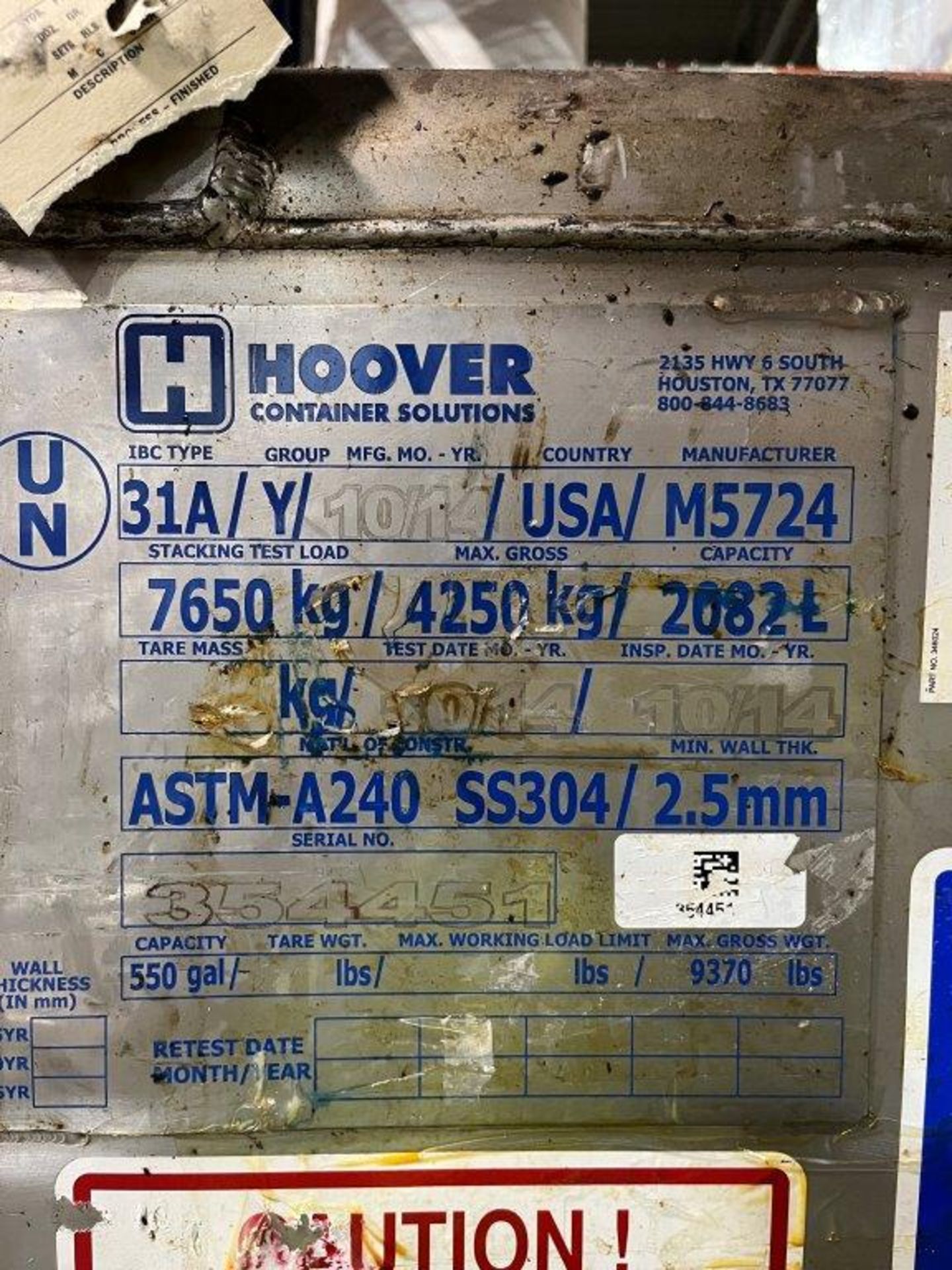 Hoover AATM A240 SS304/2.5mm 550-Gallon Capacity Tank - Image 2 of 2