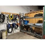 Lot of Assorted Hose to Include (2) Hose Reels and Pallet Rack