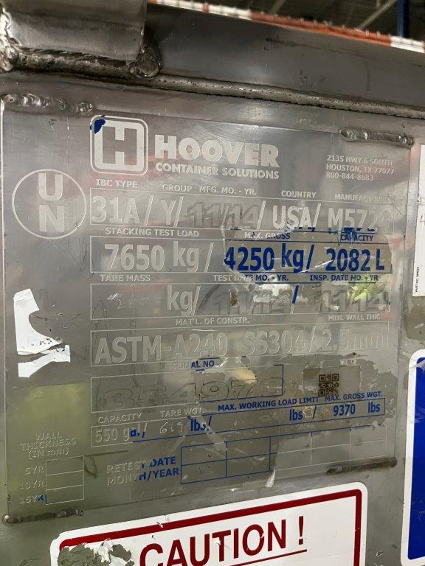 Hoover AATM A240 SS304/2.5mm 550-Gallon Capacity Tank - Image 2 of 2