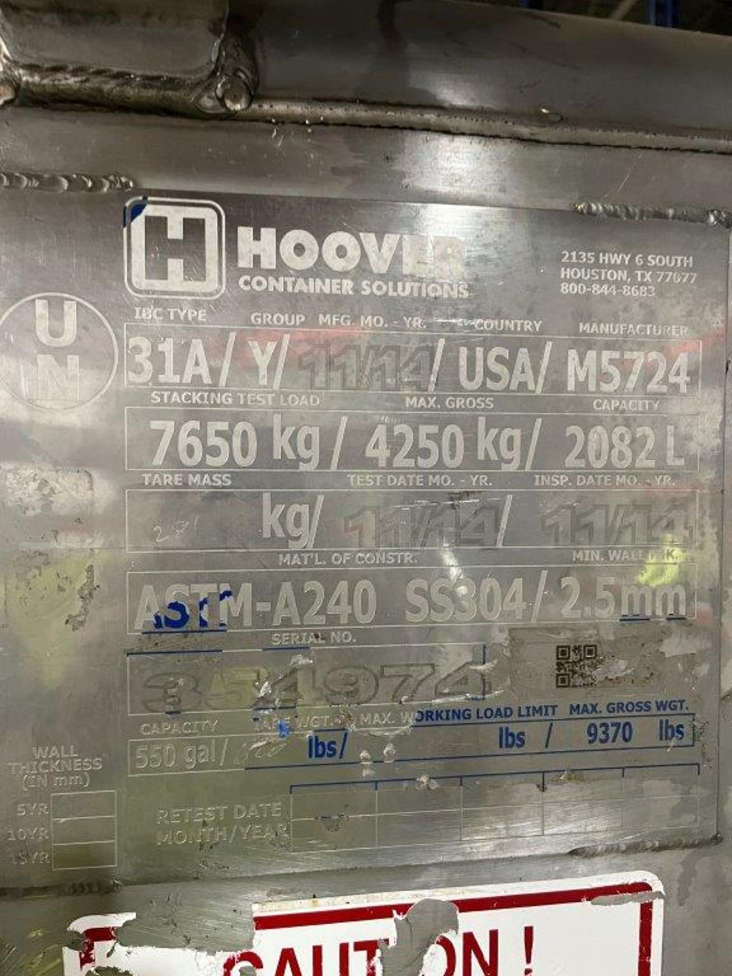 Hoover AATM A240 SS304/2.5mm 550-Gallon Capacity Tank - Image 2 of 2