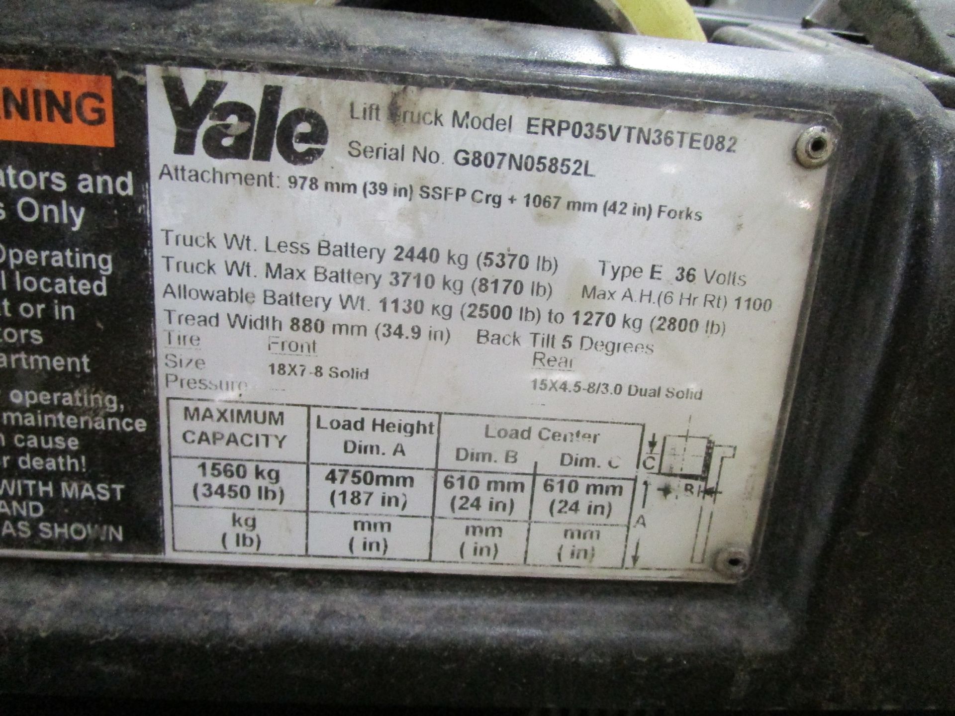 Yale ERP035VTN36TE082 3,850-Lb Electric Forklift Truck (Note: Delayed Delivery) - Image 7 of 7