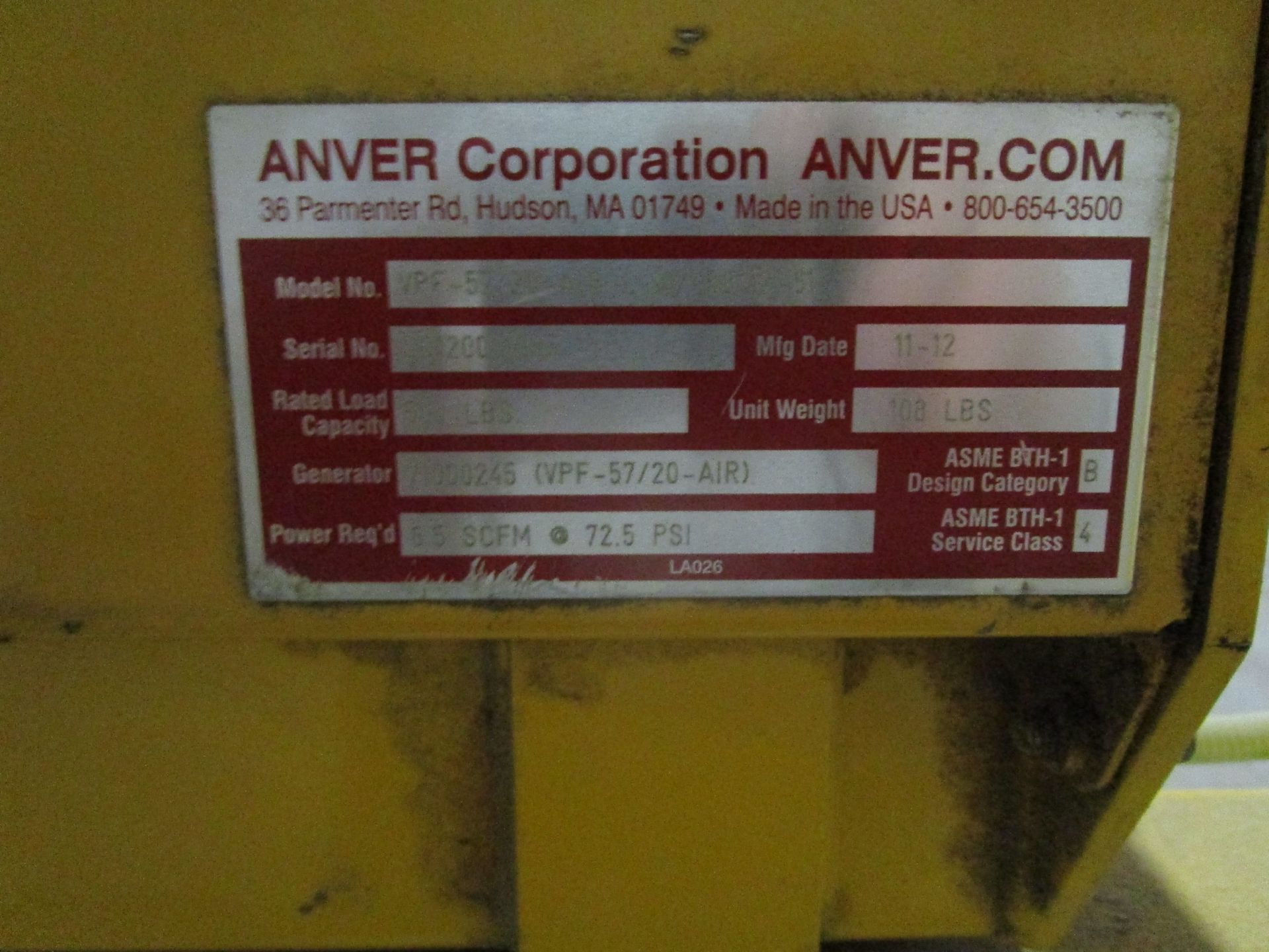 Anver VPF-57/20 500-Lb. Pneumatic Plate Lifter - Image 2 of 2