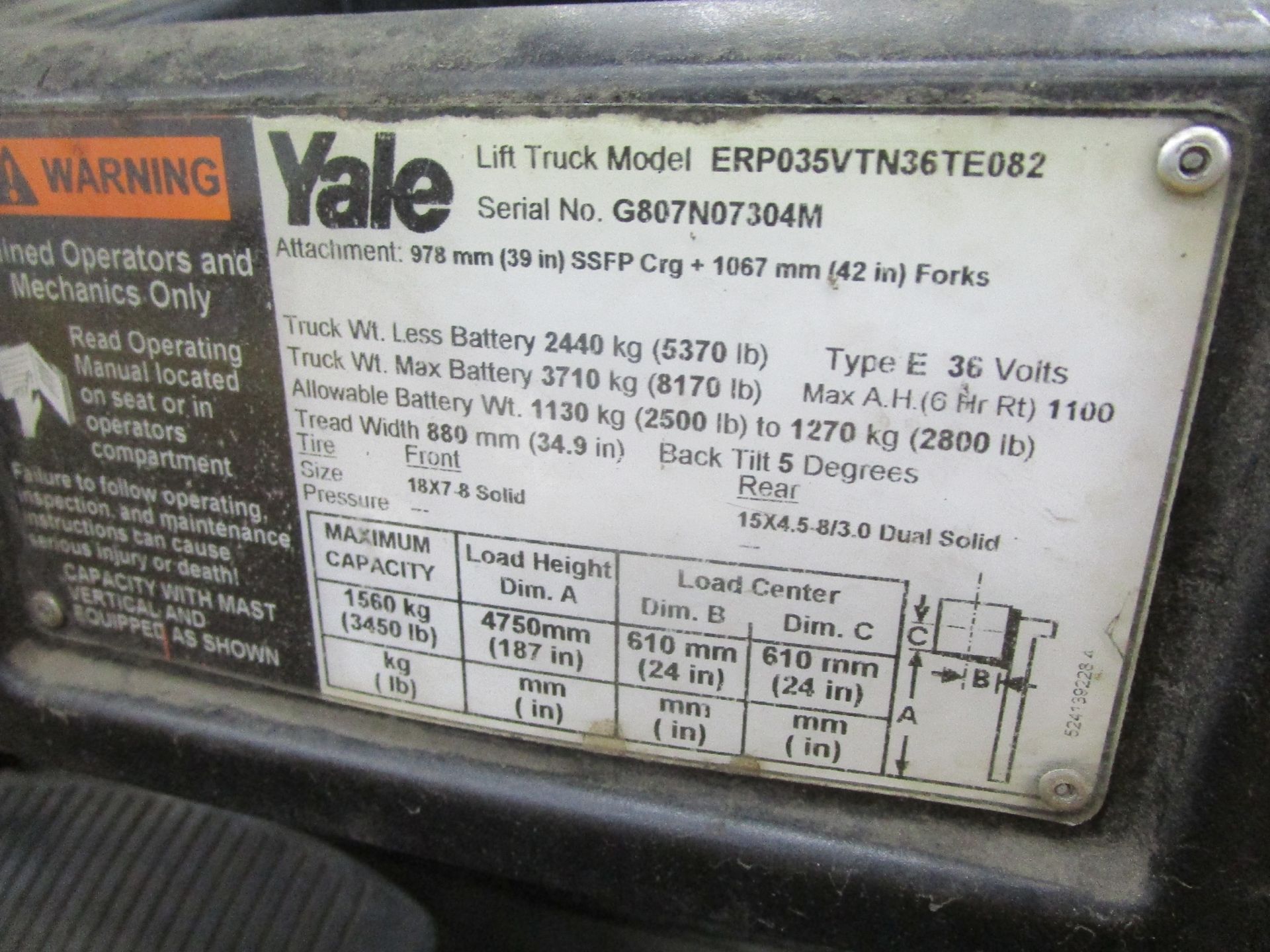Yale ERP035VTN36TE082 3,850-Lb Electric Forklift Truck - Image 6 of 8