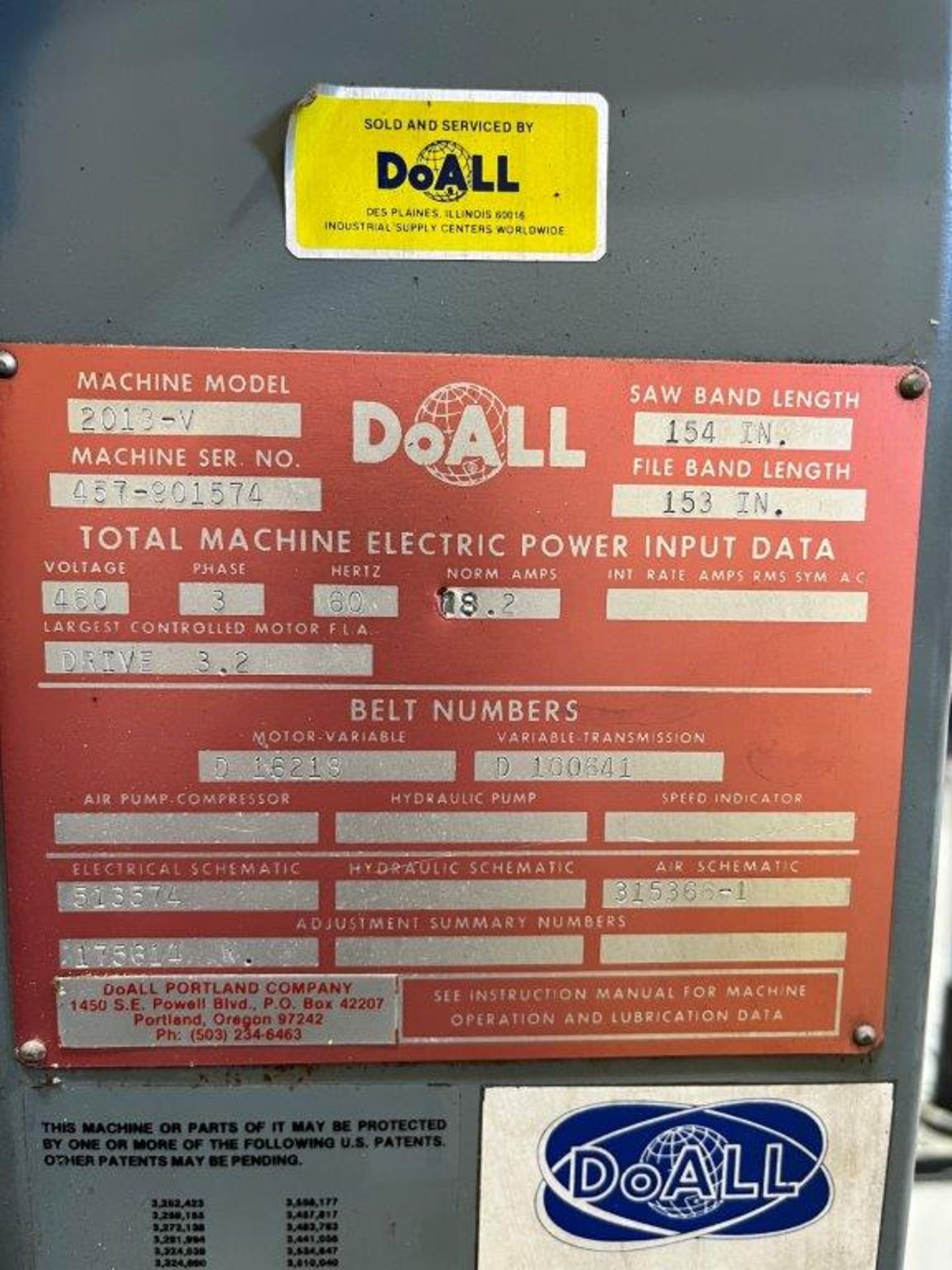 Doall Rpm DoAll 2013V Variable Speed Vertical Bandsaw, 55-5200 RPM, 460 Volt ...