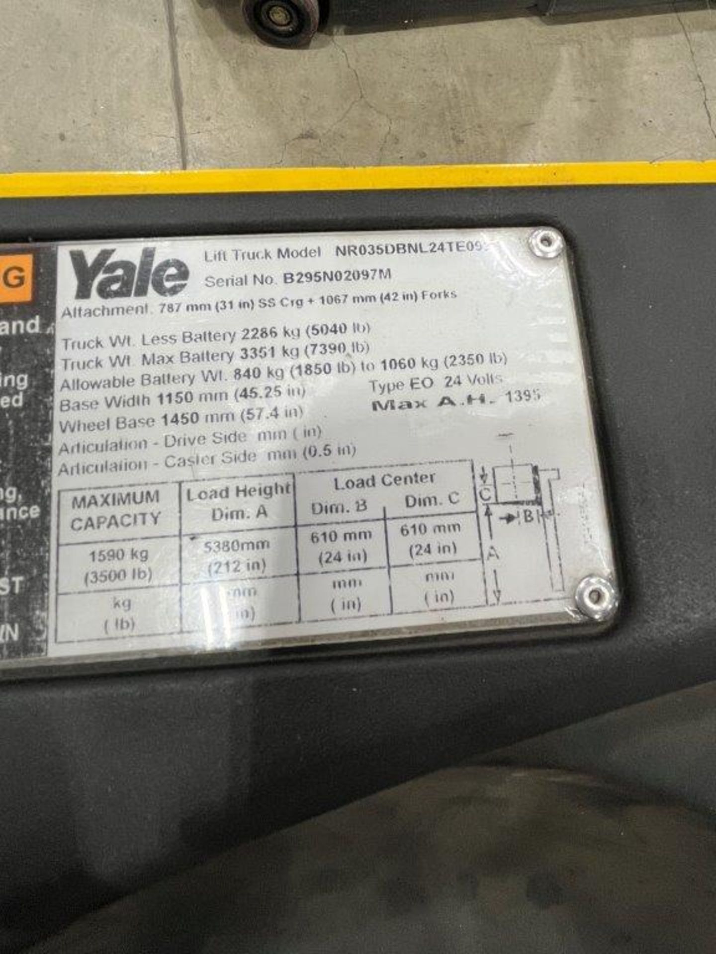 Yale NR035DBNL24TE095 3,500-Lb Electric Reach Stand Up Forklift, - Image 5 of 5