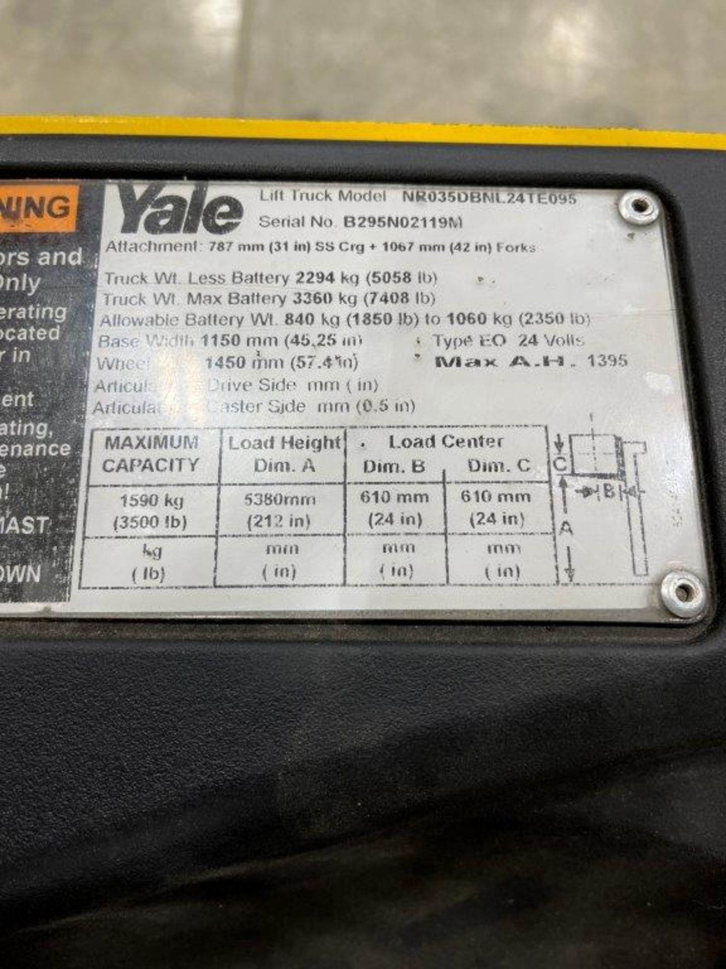 Yale NR035DBNL24TE095 3,500-Lb Electric Reach Stand Up Forklift, - Image 9 of 10