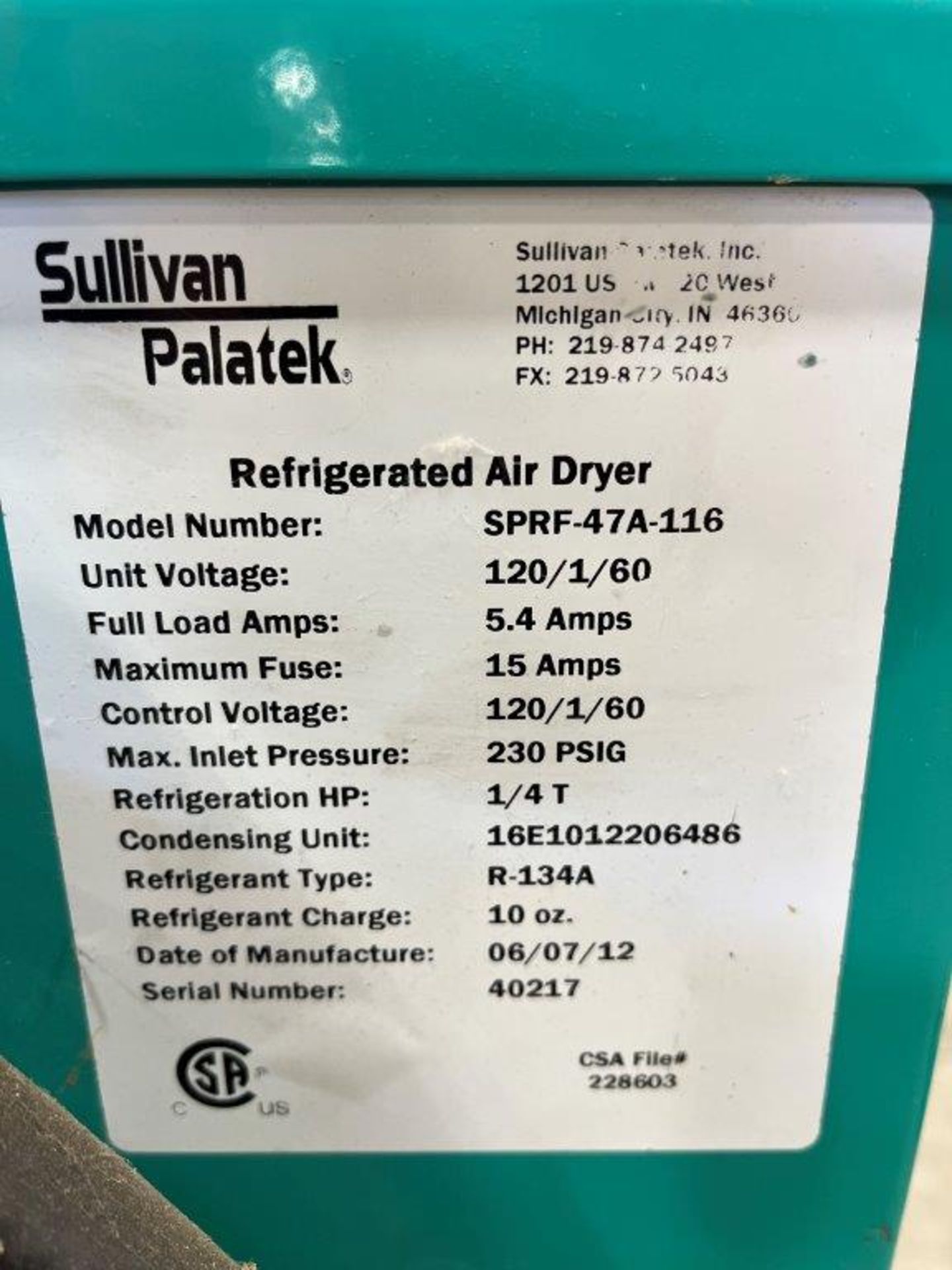 Sullivan Palatek SPRF-47A-116 Refrigerated Air Dryer - Image 2 of 2