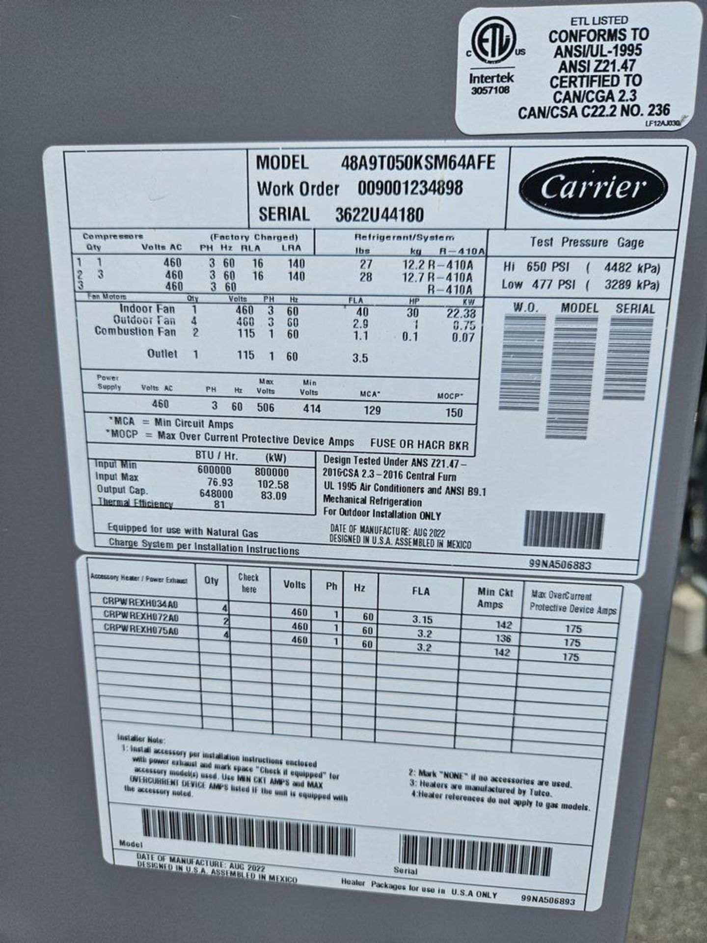 Carrier 48A9T050KSM64AFE Heating/Cooling HVAC Unit - Image 2 of 2