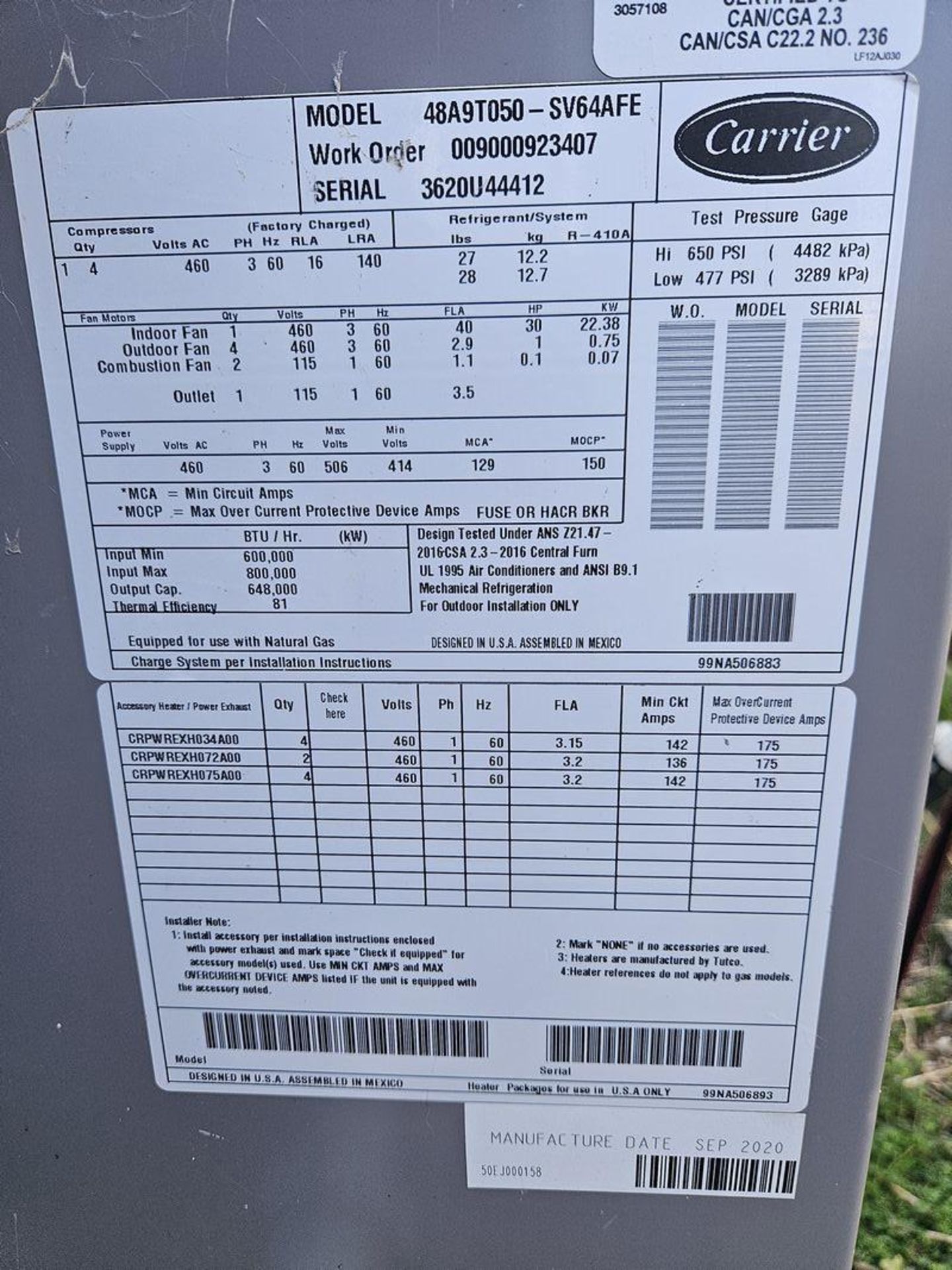 Carrier 48A9T050-SV64AFE Heating/Cooling HVAC Unit - Image 2 of 2