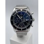 BREITLING SUPEROCEAN HERITAGE CHRONOGRAPH 46MM BLACK DIAL AUTO STAINLESS STEEL MESH BAND