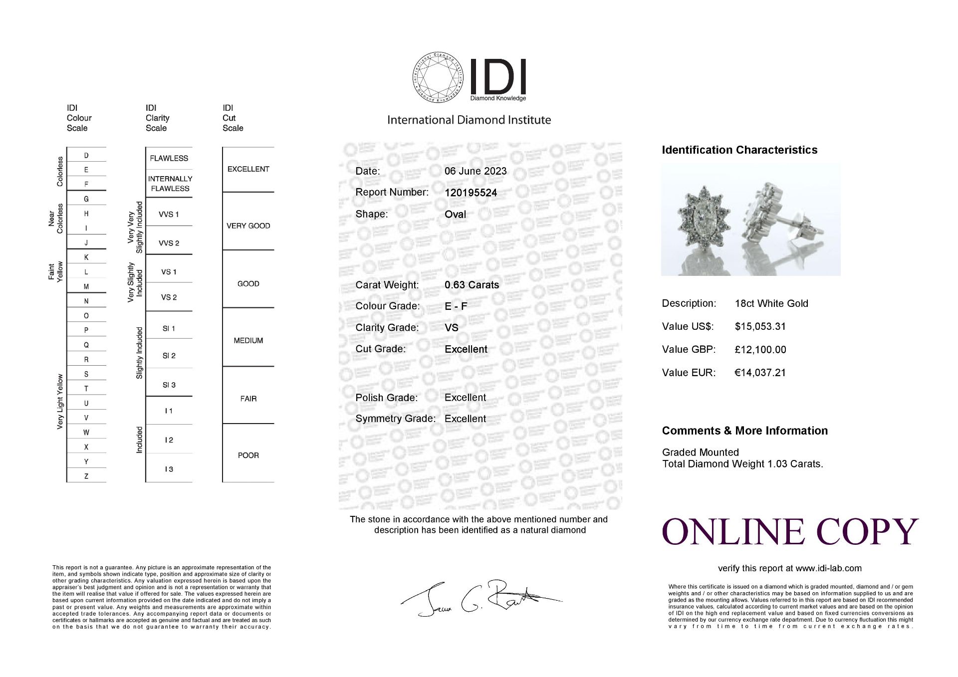 18ct White Gold Oval Cluster Claw Set Diamond Earring (0.63) 1.03 Carats - Valued By IDI £12,100. - Image 3 of 3