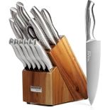 RRP £70 nuovva Kitchen Knife Block Set – 14-Piece Knife Set with Hardwood Block – Stainless Steel Bl