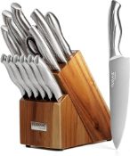 RRP £70 nuovva Kitchen Knife Block Set – 14-Piece Knife Set with Hardwood Block – Stainless Steel Bl