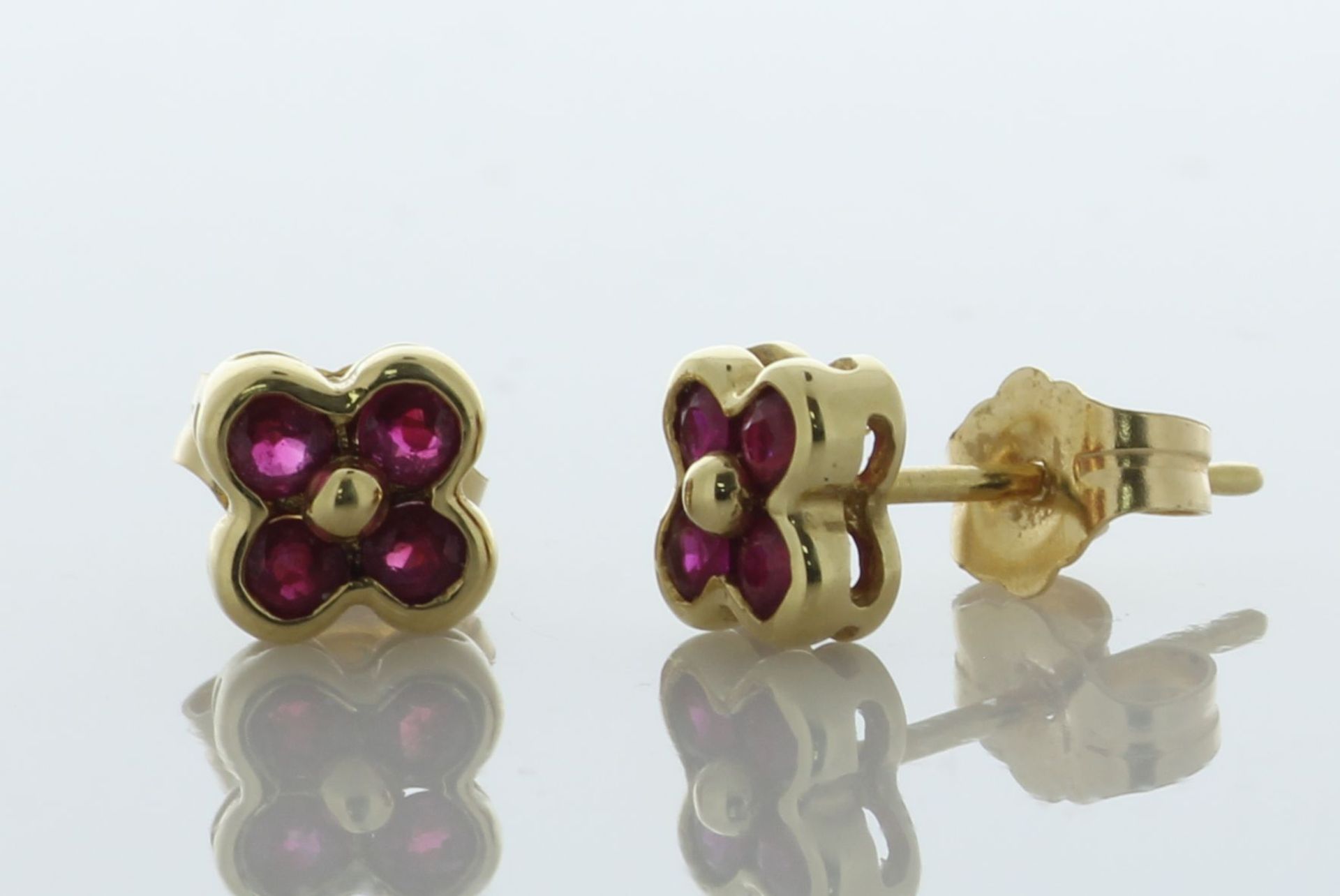 18ct Yellow Gold Flower Cluster Ruby Stud Earring - Valued By AGI £605.00 - Four round brilliant cut