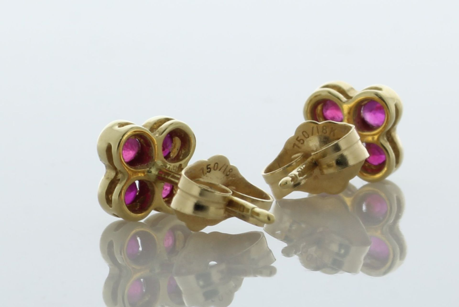 18ct Yellow Gold Flower Cluster Ruby Stud Earring - Valued By AGI £605.00 - Four round brilliant cut - Image 3 of 4