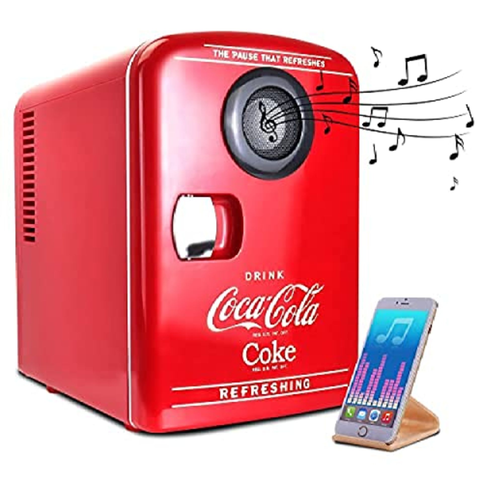 RRP £68.49 Coca Cola 4L Portable Mini Fridge Cooler/Warmer with Bluetooth Speaker