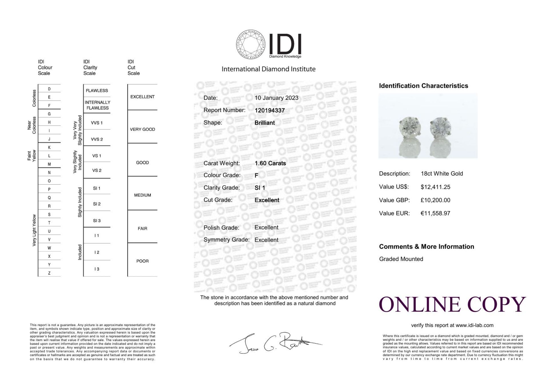 18ct White Gold Single Stone Gallery Set Diamond Earring 1.60 Carats - Valued By IDI £10,200.00 - - Image 4 of 4