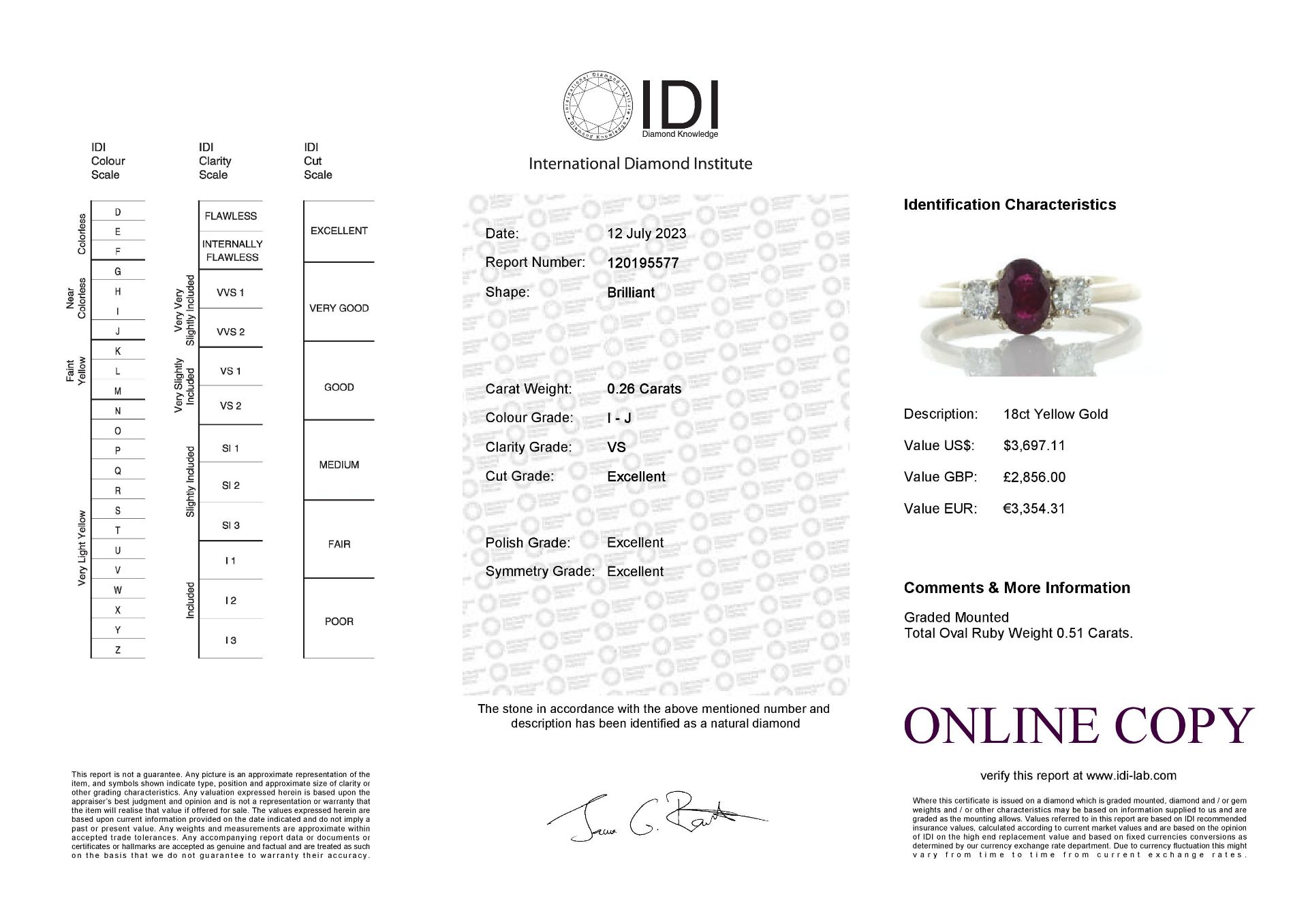 18ct Yellow Gold Three Stone Oval Cut Diamond And Ruby Ring (R0.51) 0.26 Carats - Valued By IDI £2, - Image 6 of 6