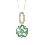 14ct Yellow Gold Flower Cluster Diamond And Emerald Pendant And 18" Chain 0.12 Carats - Valued By