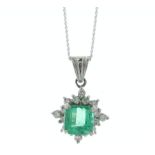Platinum Emerald Cluster Diamond And Emerald Pendant (E1.42) 0.32 Carats - Valued By IDI £11,390.