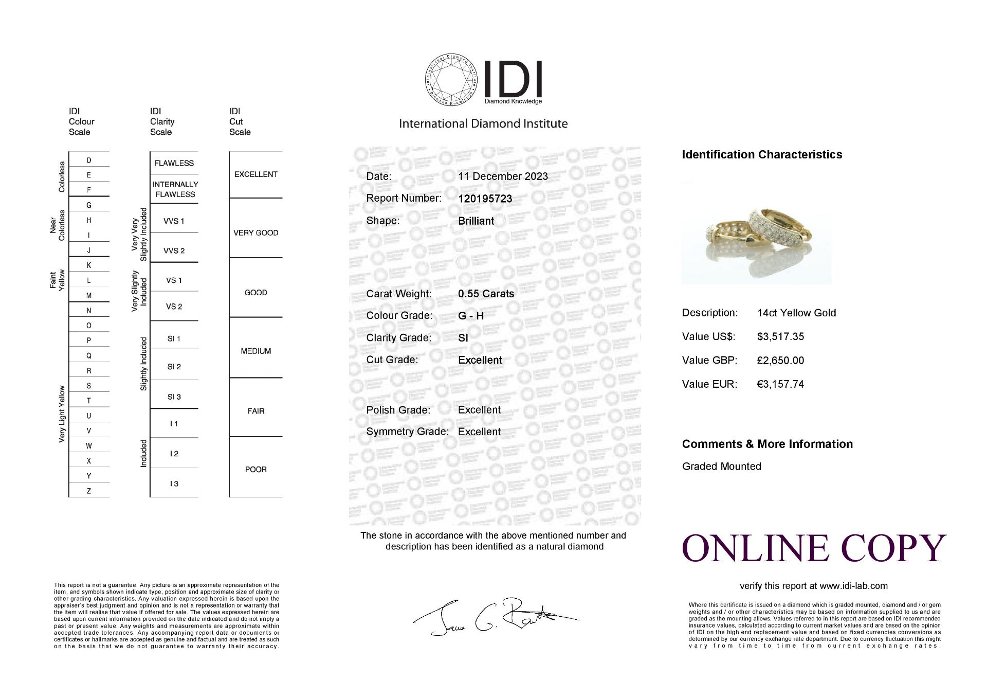 14ct Yellow Gold Semi Eternity Diamond Hoop Earring 0.55 Carats - Valued By IDI £2,650.00 - These - Image 8 of 8