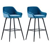 RRP £136.99 AINPECCA Bar stools Set of 2 Teal Velvet Fabric Upholstered