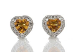 9ct White Gold Citrine Heart Diamond Earring (C1.40) 0.20 Carats - Two heart shaped Citrine
