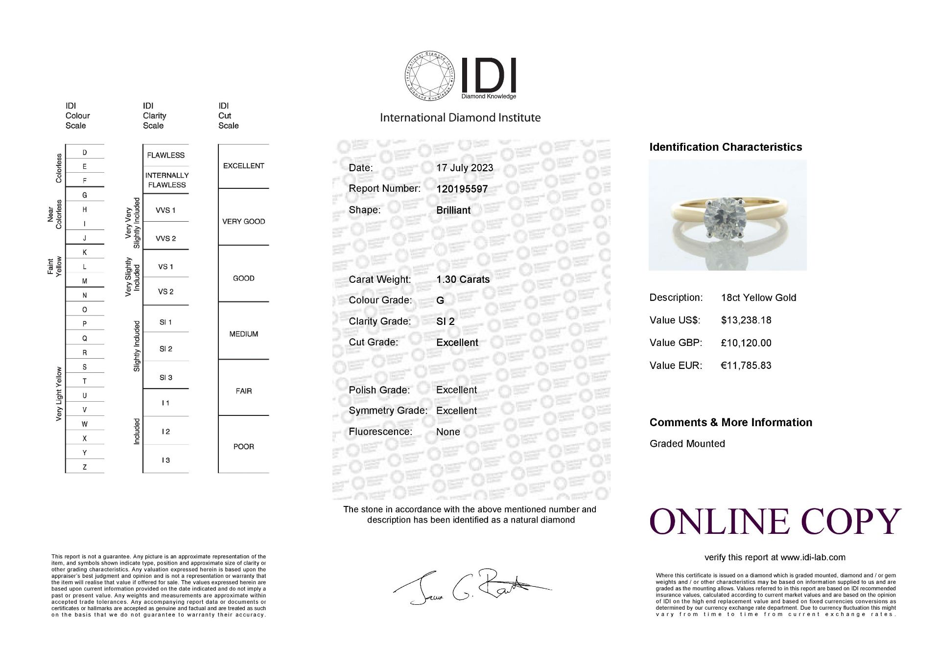 18ct Yellow Gold Single Stone Prong Set Diamond Ring 1.30 Carats - Valued By IDI £10,120.00 - A 1.30 - Image 5 of 5