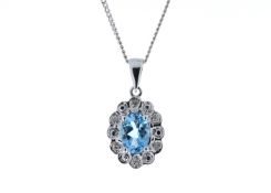 9ct White Gold Fancy Cluster Diamond Blue Topaz Pendant (BT0.86) 0.02 Carats - Valued By AGI £950.00